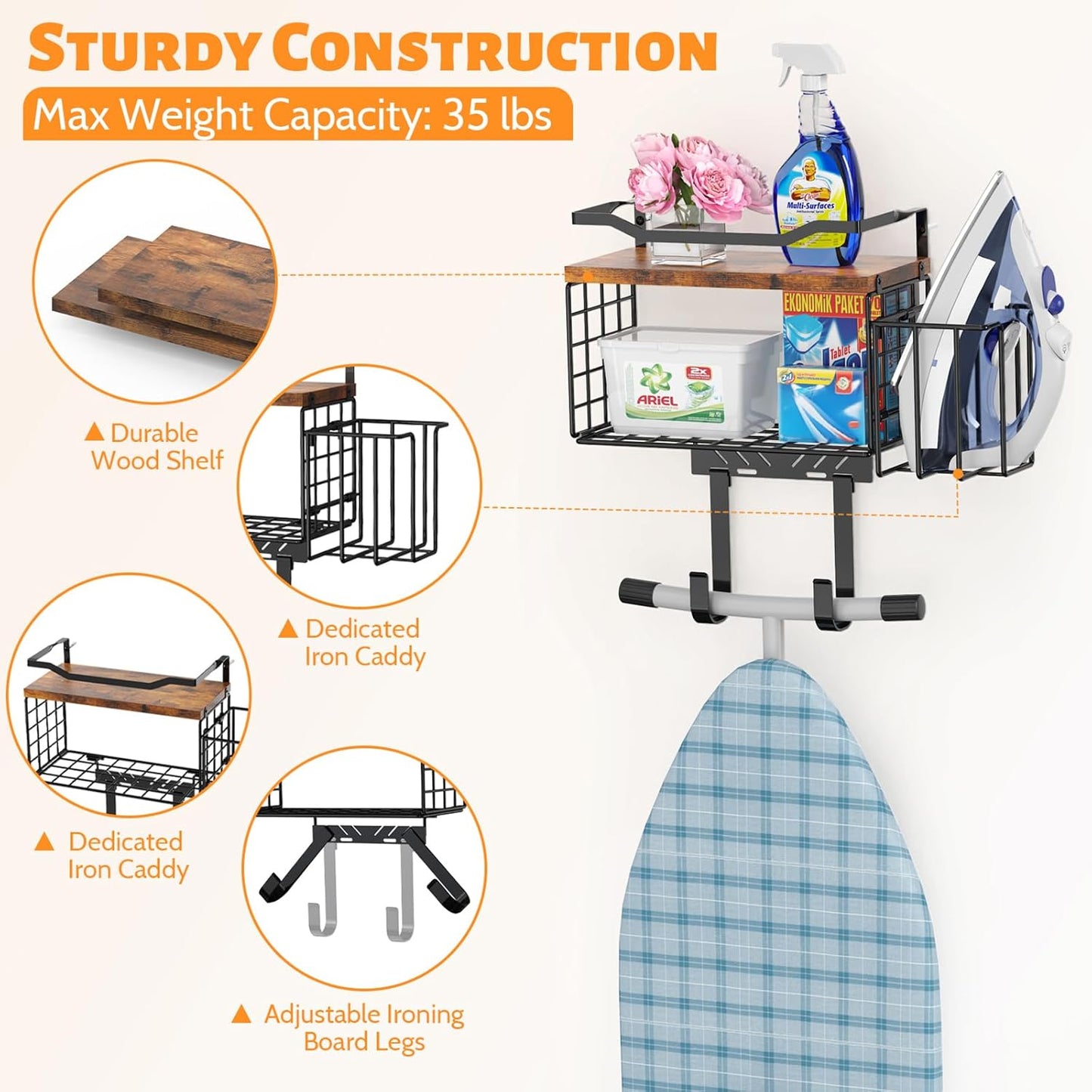 Ironing Board Hanger, T&Y Iron Board Holder Wall Mount with Ironing Caddy, Metal Ironing Board Holder Storage Organizer, Floating Wood Shelf for Laundry Room Decor Accessories Organization
