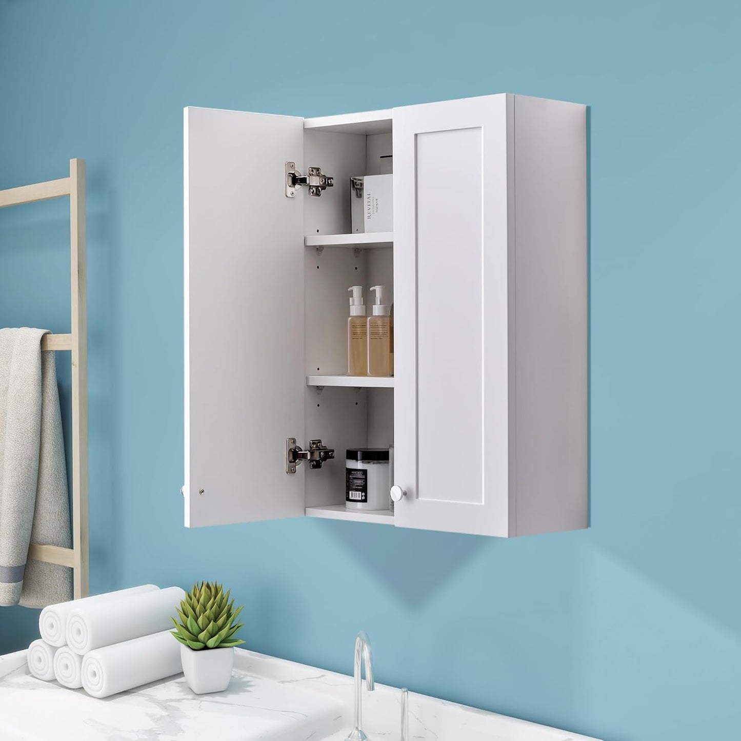 White Wall Mount Cabinet, MDF Over The Toilet Storage Cabinet with Adjustable Shelves, Space Saver 2 Door Medicine Cabinet for Bathroom Laundry Kitchen, 19x 27in, No Paint Odor
