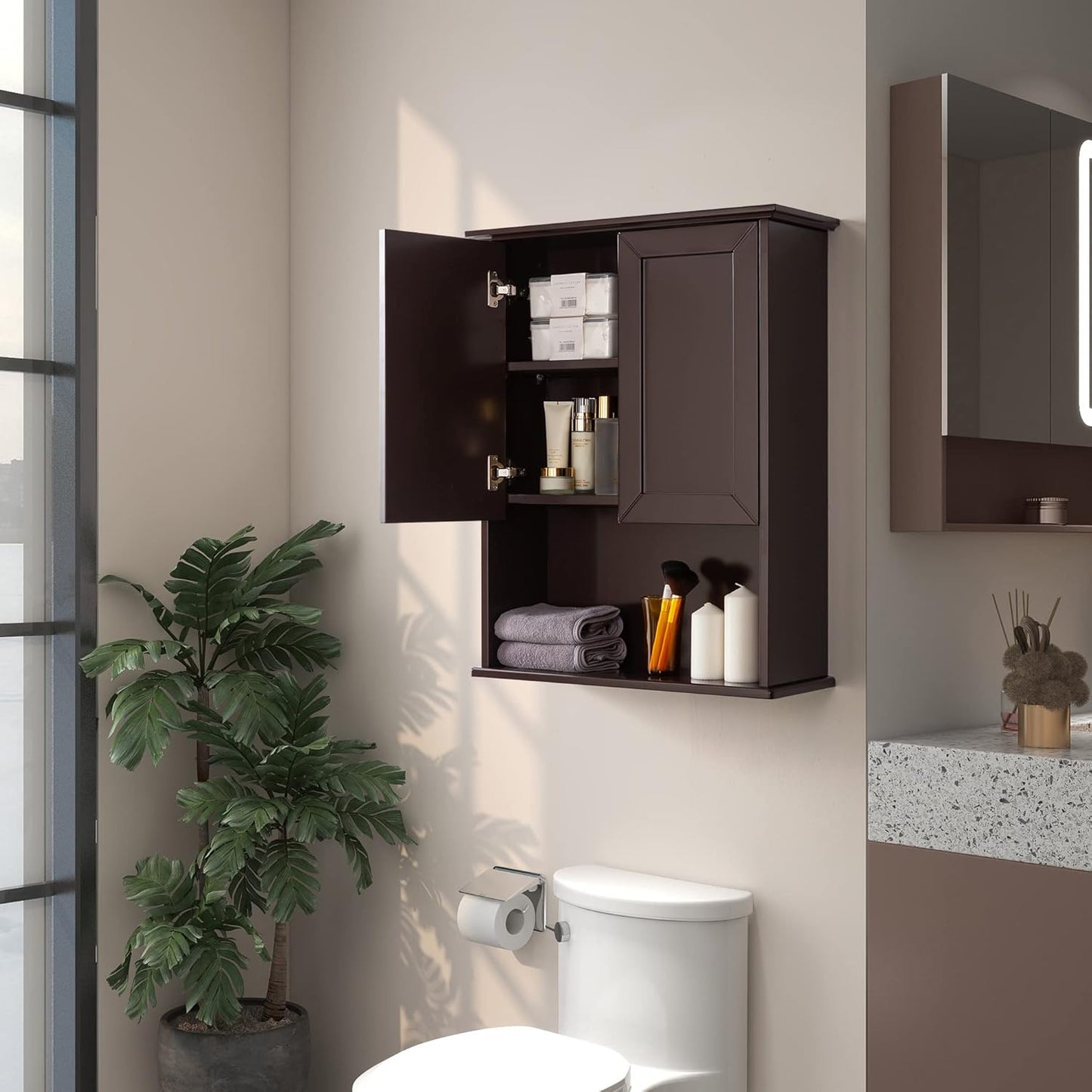 Wall Cabinet, 23x29 inch Medicine Cabinet, Over Toilet Storage with Adjustable Shelf, Wooden Expresso Bathroom Cabinet with 2 Doors