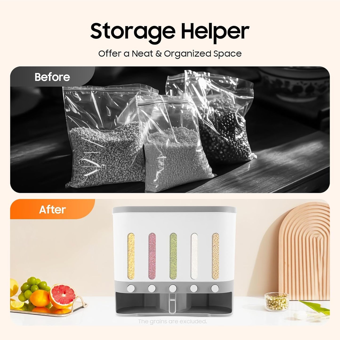 5 Grids Dry Food Dispenser, Wall mounted Rice Storage Dispenser Cereal Dispenser Countertop Kitchen Organization Container 38Lbs Sealed Storage Tank with Measuring Cup for Home Kitchen