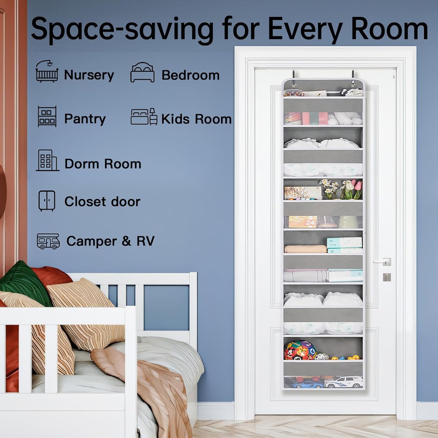 WishJazz Over The Door Organizer 6 Tiers, 50 lbs Tear Resistant Anti-Tilt Behind Door Storage, Door Hanging Organizer for Closet, Nursery, Bedroom, Bathroom, Diaper Organizer, Room storage