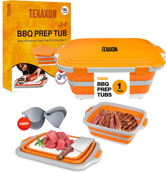 8L/16L BBQ Prep Tub with Cutting Board, Lid & Complimentary Mitts/Gloves – Collapsible Bucket for BBQ, Marinade, Picnic, Camping, Meat Prep – Orange/Black (Orange, X-Large Lid Lock)