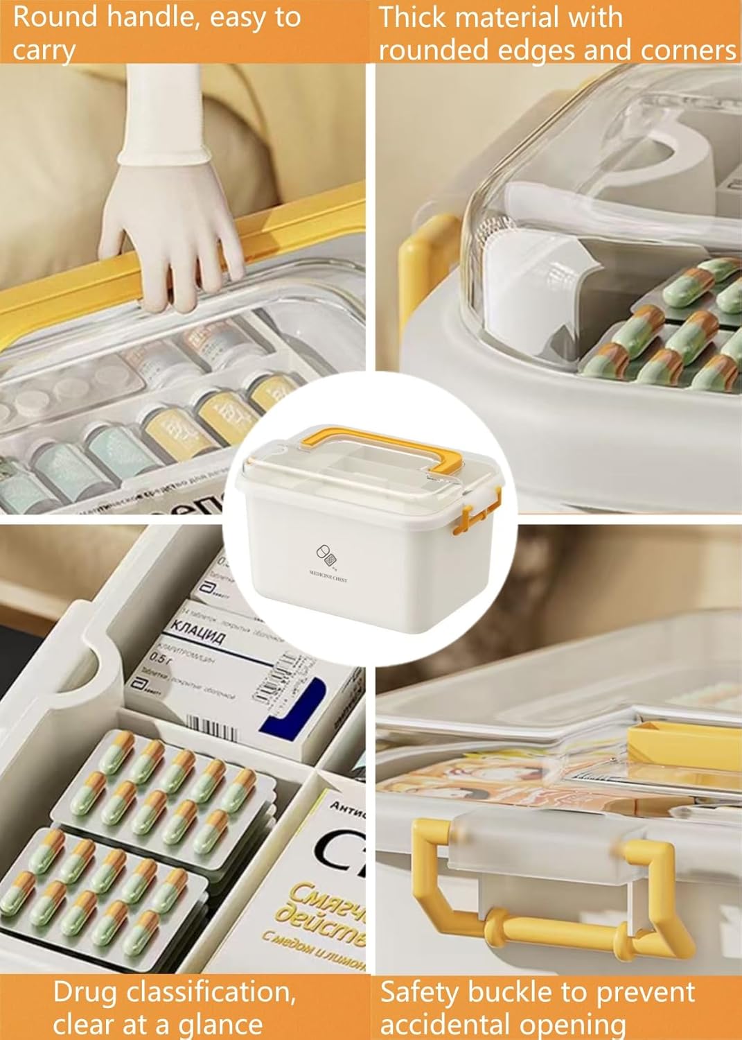 Plastic Medicine Storage Organizer & First Aid Box, Medicine Box with Handles, Multipurpose Medical Supply Organizer with Removable Tray for Home, Office & Travel（large）
