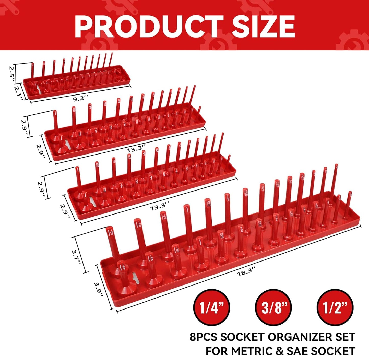 8PCS Socket Organizer Tray Set,SAE & Metric Socket Trays, 2PCS 1/4", 4PCS 3/8", 2PCS 1/2" Drive Deep and Shallow Socket Holders for Toolboxes (8pcs socket organizer）