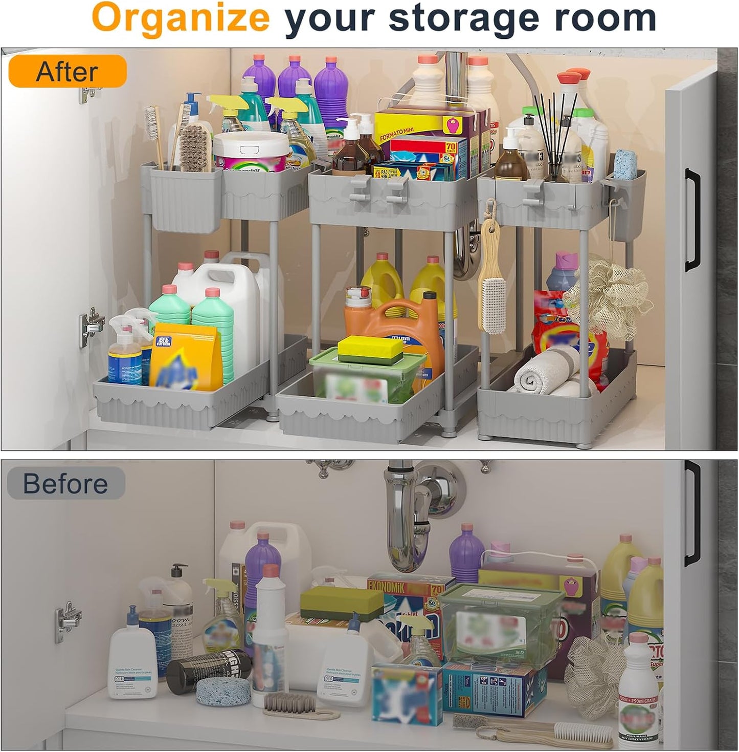 3 Pack Under Sink Organizers, 2-Tier Multi-Use Kitchen and Bathroom Organizers and Storage with Sliding Drawers，Bathroom Cabinet Organizer (Gray, 12.8 Inch)