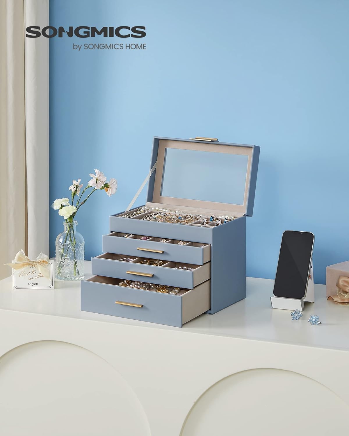 SONGMICS Jewelry Box Organizer with Glass Lid, 4-Layer Jewelry Storage, with 3 Drawers, Modern Style, Christmas Gift, 6 x 9.9 x 8.5 Inches, Smoky Blue and Gold Color UJBC161Q01