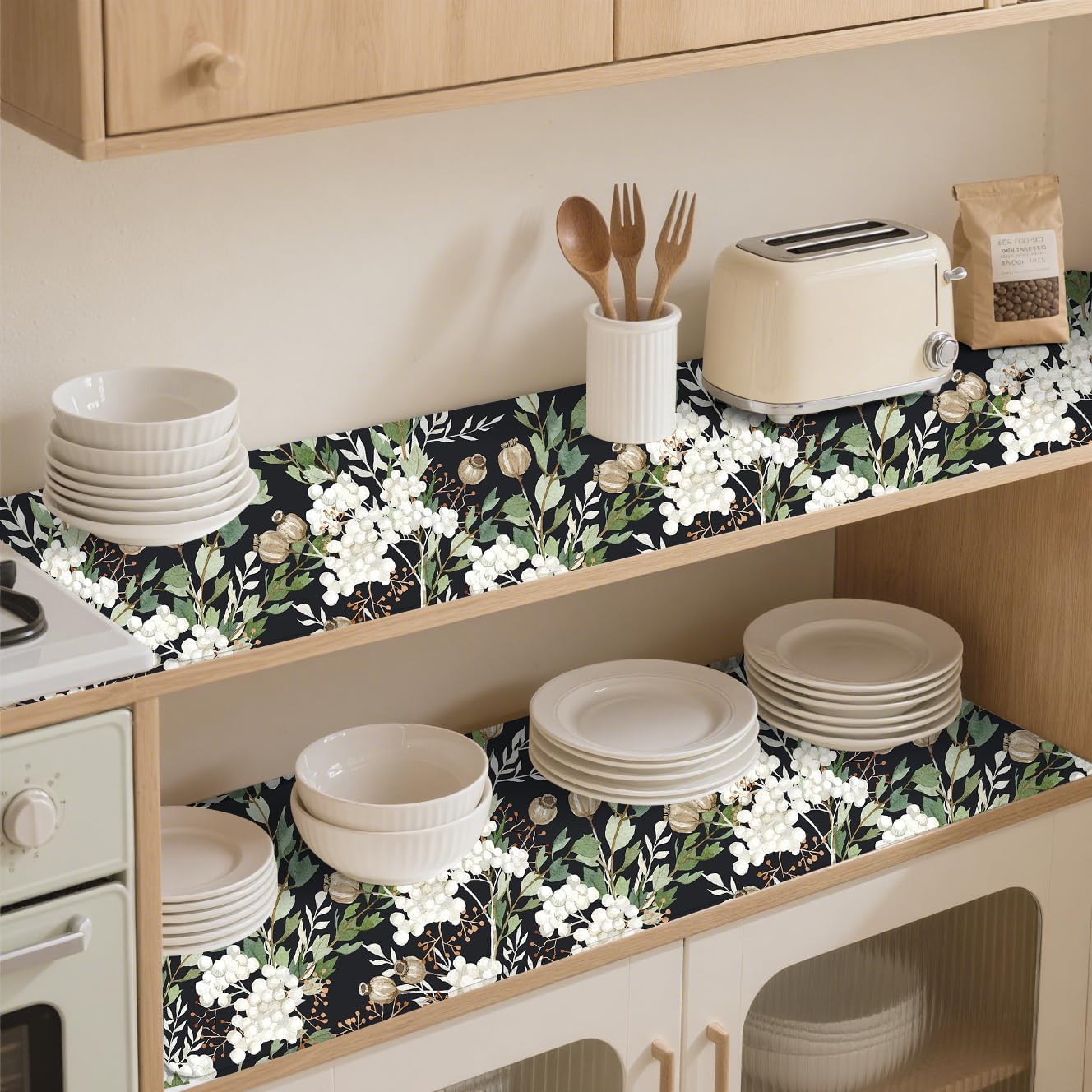 Floralplus Shelf Liner for Cabinet Kitchen, Self Adhesive Cabinet Drawer Liner, Floral Contact Paper for Kitchen, Waterproof Pantry Countertop Refrigerator Liners 17.7 x 78.7 in
