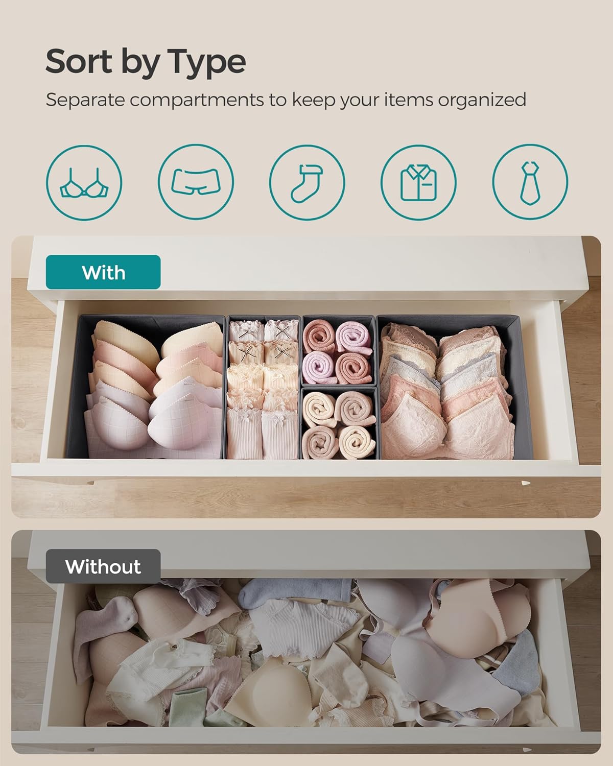 SONGMICS Drawer Organizer, Dresser Drawer Organizers, Set of 6, Foldable Fabric Storage Bins for Socks, Underwear, Bras, Ties, Scarves, Slate Gray URDZ06G