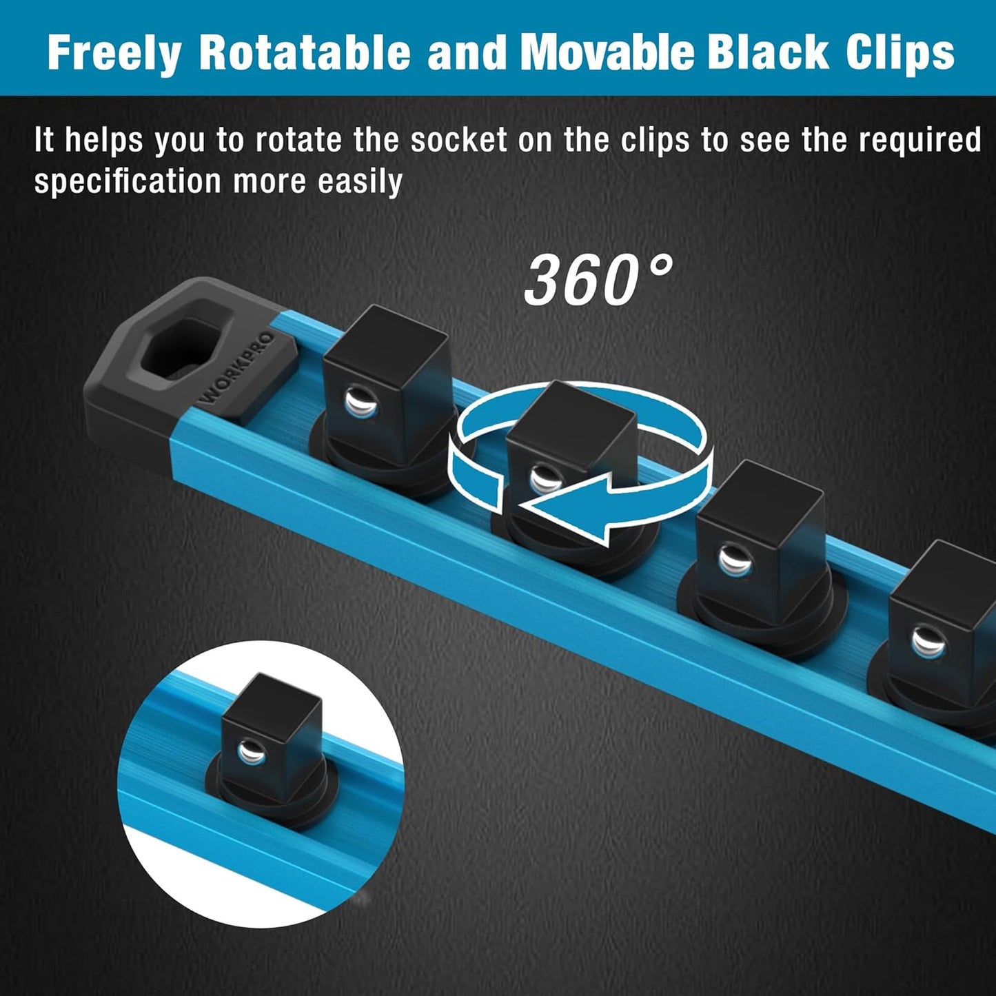 WORKPRO Magnetic Socket Organizer, 1/2-Inch Drive Aluminum Alloy Socket Rail, Heavy Duty Socket Holder, Socket Rack Kit 1/2-Inch x 10 Clips Sky Blue (Socket not Included)