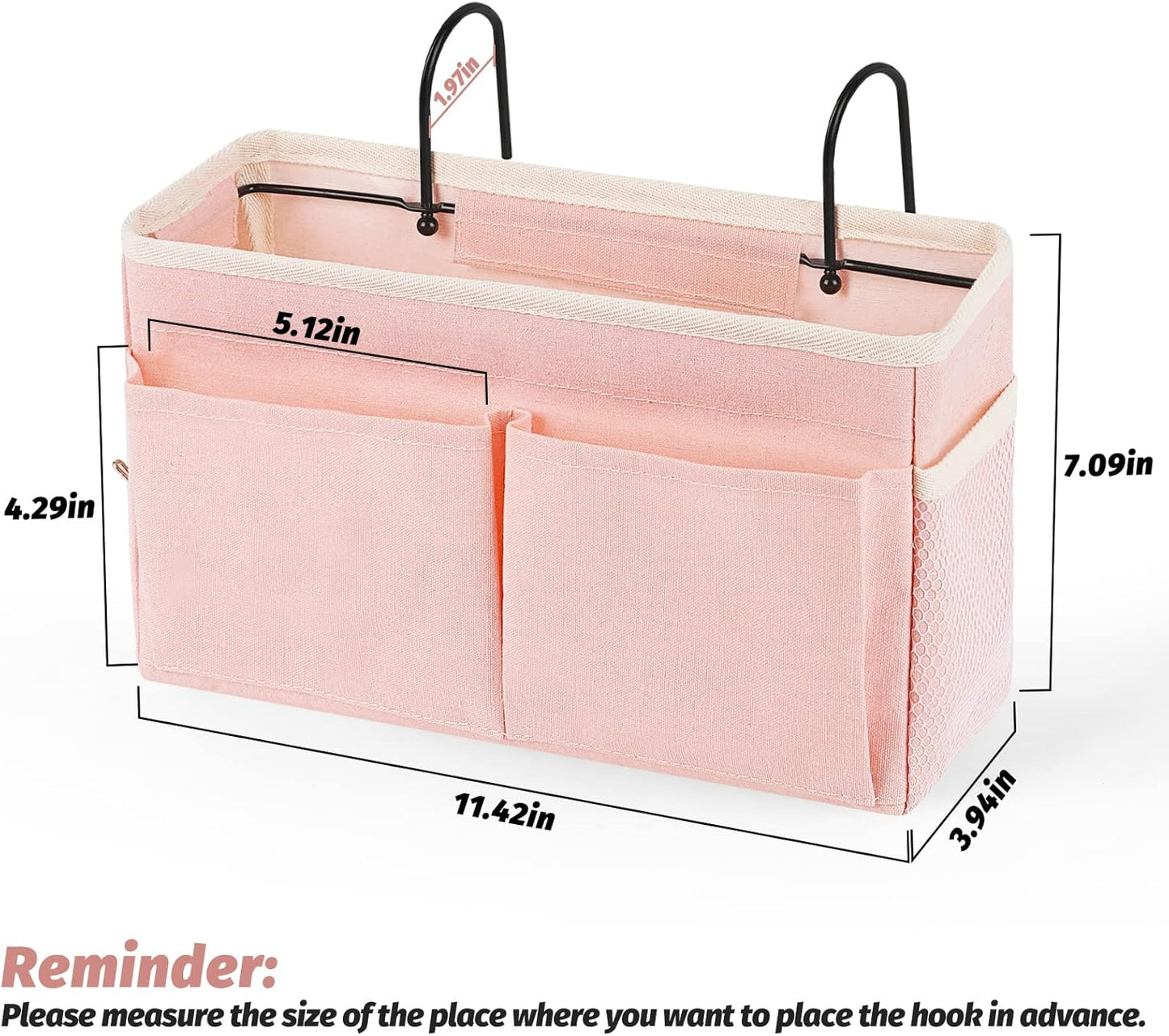 Bedside Caddy Bedside Storage Organizer Hanging Bunk Bed Dorm Room with Side Pockets for Water Bottles, Books, Cell Phones, Headphones 2 Pack (Pink)