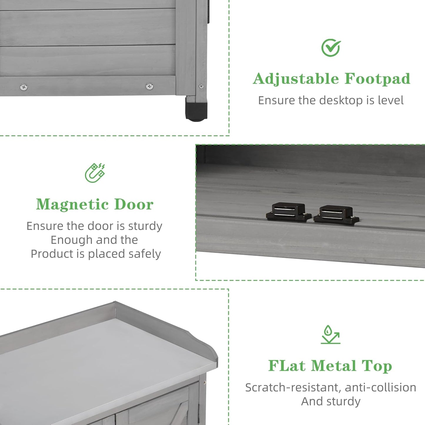 Outdoor Potting Bench with Storage Cabinet and Metal Top, Wood Workstation for Outdoor Patio, Garden (Classic Grey, 31.5x17x39‘’)