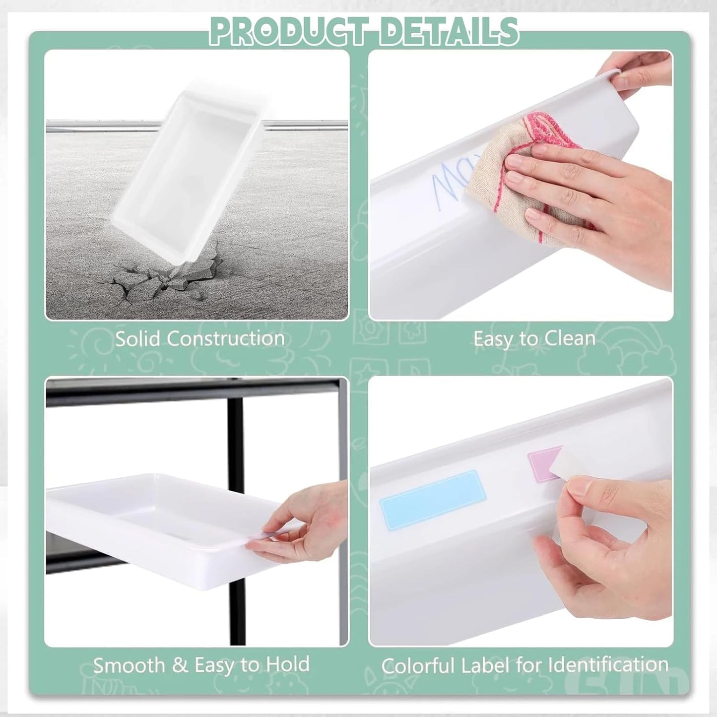 Turn in Trays Classroom, 6 Pack White Paper Trays for Classroom with Colorful Labels, Thick Plastic Storage Bins,Paper Bins for School, Office Organization, Letter Size Flat Storage Tray