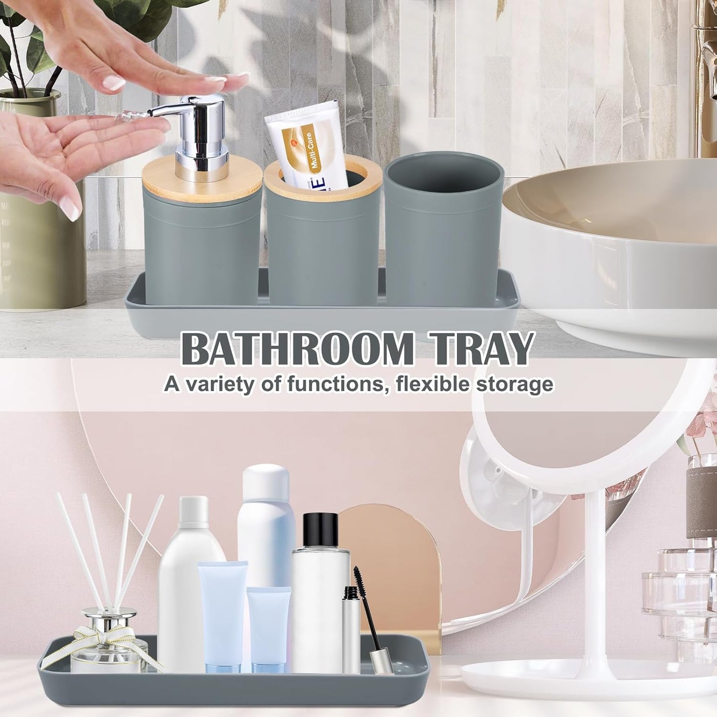 iMucci 9Pcs Grey Bathroom Accessories Set with Trash Can,Toilet Brush,Toothbrush Holder, Lotion Soap Dispenser, Soap Dish,Toothbrush Cup,Vanity Tray,Qtip Holder