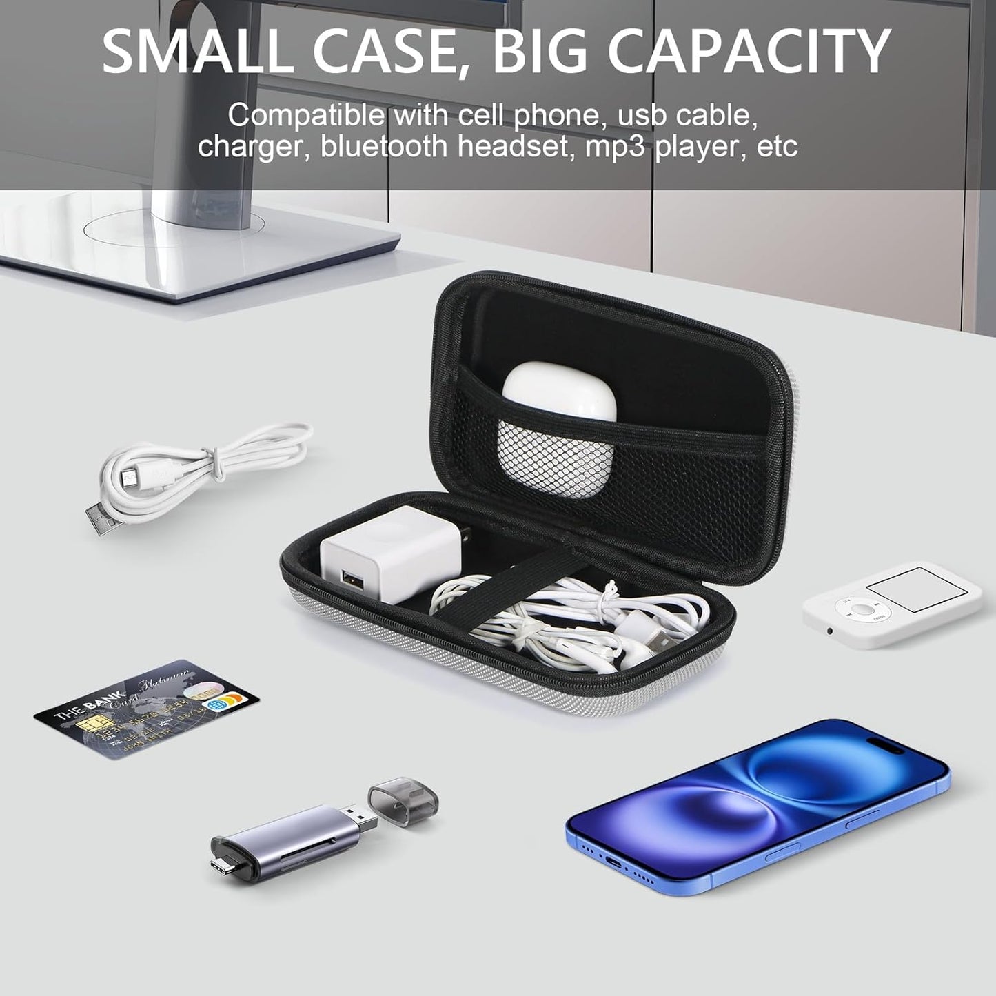 GLCON Portable Protection Hard EVA Travel Carrying Case with Mesh Pocket, Shockproof Exterior - Universal Small Electronic Tech Zipper Bag Pouch Organizer for Cell Phone, Charger, Cord, Cable - Silver
