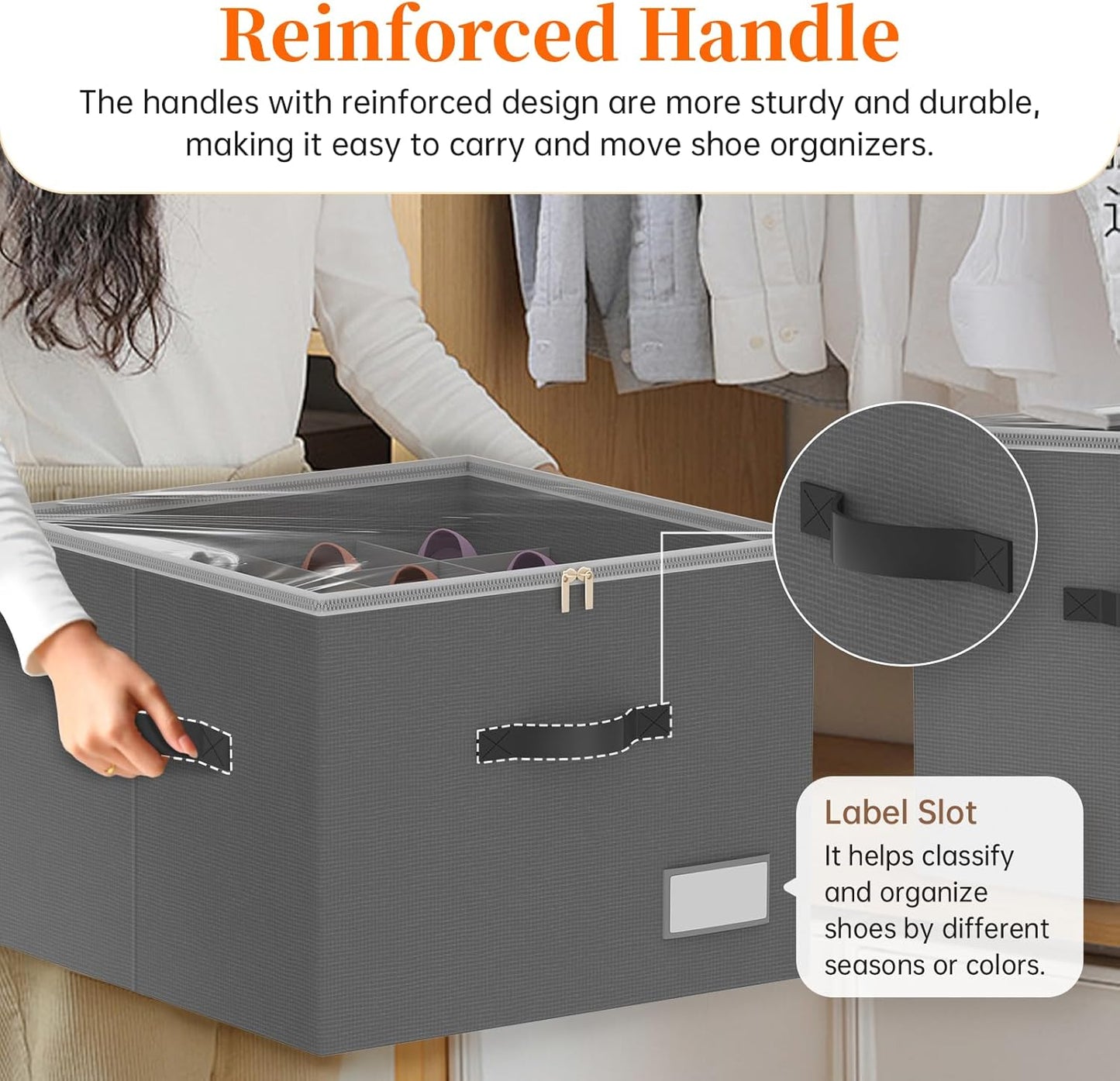 Shoe Organizer for Closet, 2 Pack Foldable Shoe Storage Containers, Fits up 16-32 Pairs, Shoe Storage Organizer Box Cubby Baskets Bins with Clear Cover and Reinforced Handles, Gray