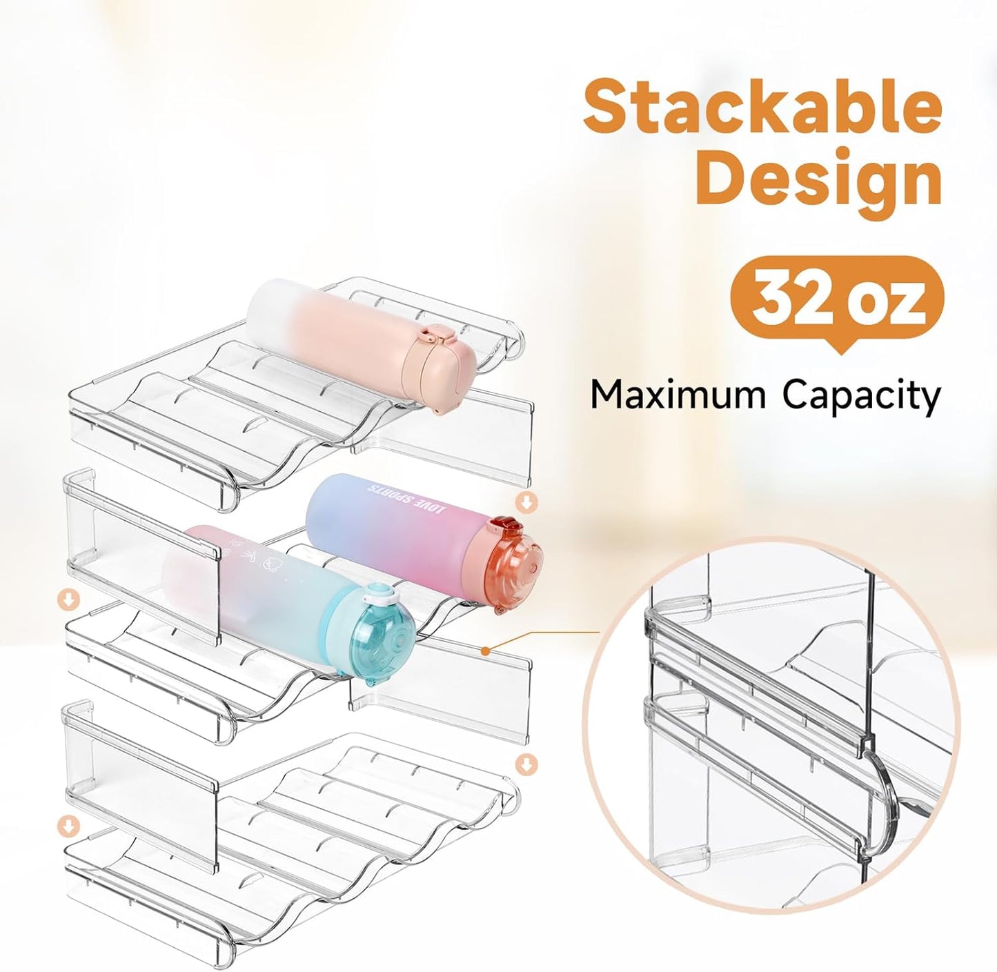 Stackable Water Bottle Organizer, Large Compartment Water Bottle Holder, 3 Tier Water Bottle Organizer for Cabinet, Water Bottle Rack for Kitchen Organization and Storage - Hold 12 Bottles