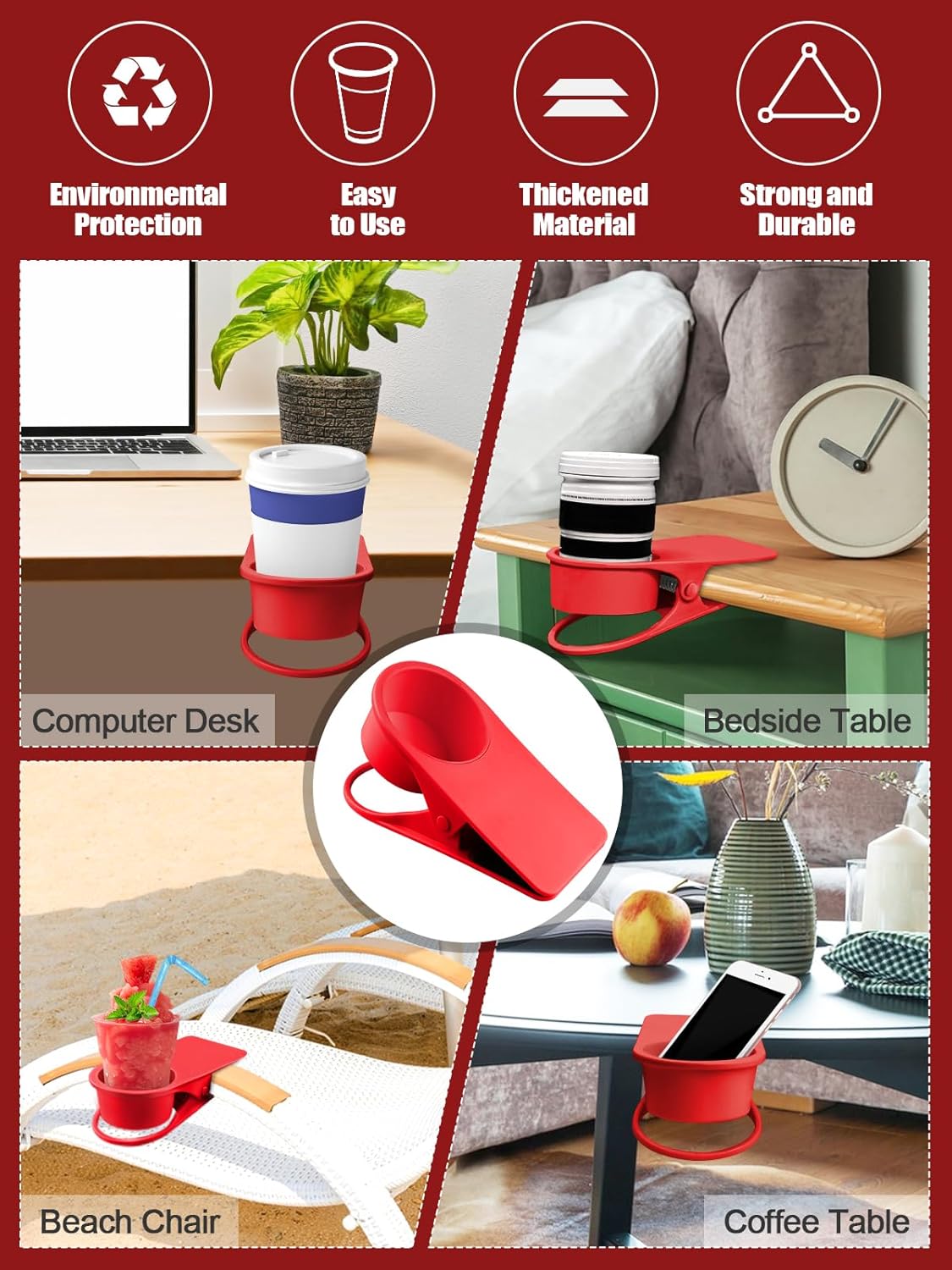 Kalolary 2-Pack Table Edge Cup Holder - Versatile Clip for Drinking Cups, Mugs & Bottles - Ideal for Home, Office & School (Red)