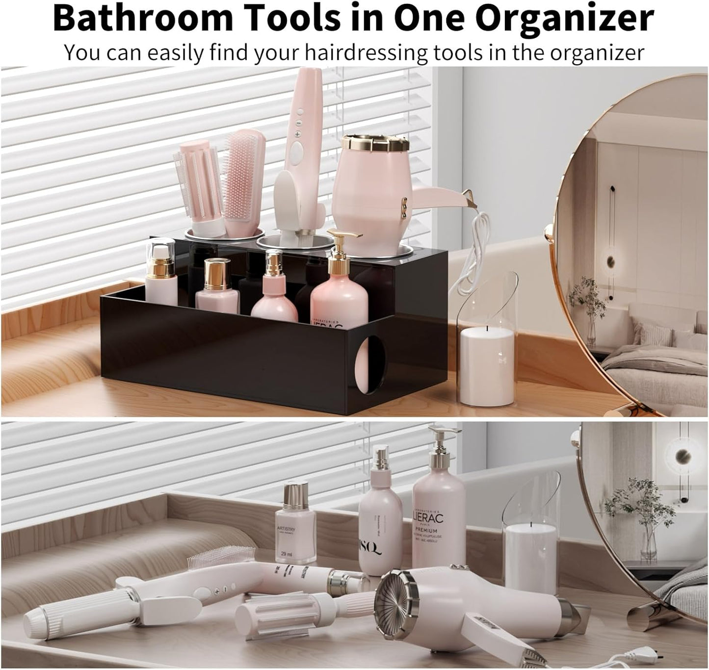 NIUBEE Hair Tool Organizer, Black Acrylic Hair Dryer and Styling Holder, Bathroom Countertop Blow Dryer Holder, Vanity Caddy Storage Stand for Accessories, Makeup, Toiletries