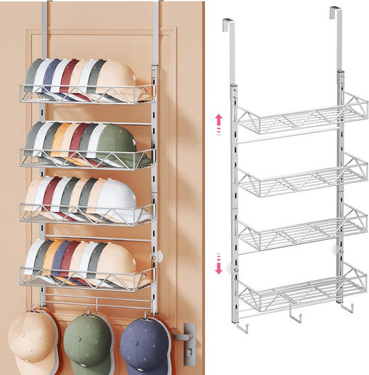 SWTYMIKI Over Door Hat Organizer - 5 Tier Wall Mounted Hat Rack with 4 Adjustable Metal Basket Heights Design and 3 Hooks, Baseball Cap Organizer Storage Holds up to 49 Caps for Door, Bedroom, Closet