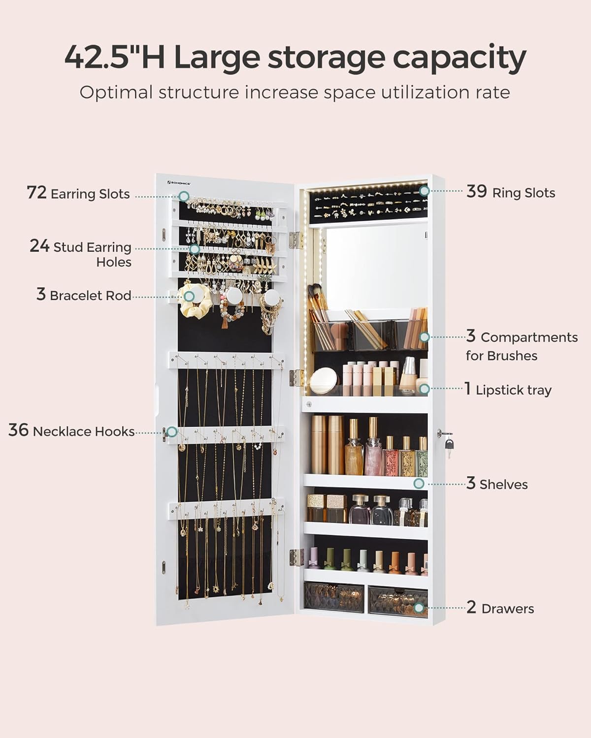 SONGMICS Mirror Jewelry Cabinet Armoire Organizer, Wall or Door Mount Storage Cabinet with Full-Length Frameless Lighted Mirror, Built-in Makeup Mirror, 2 Drawers, Lockable, Christmas Gift, White