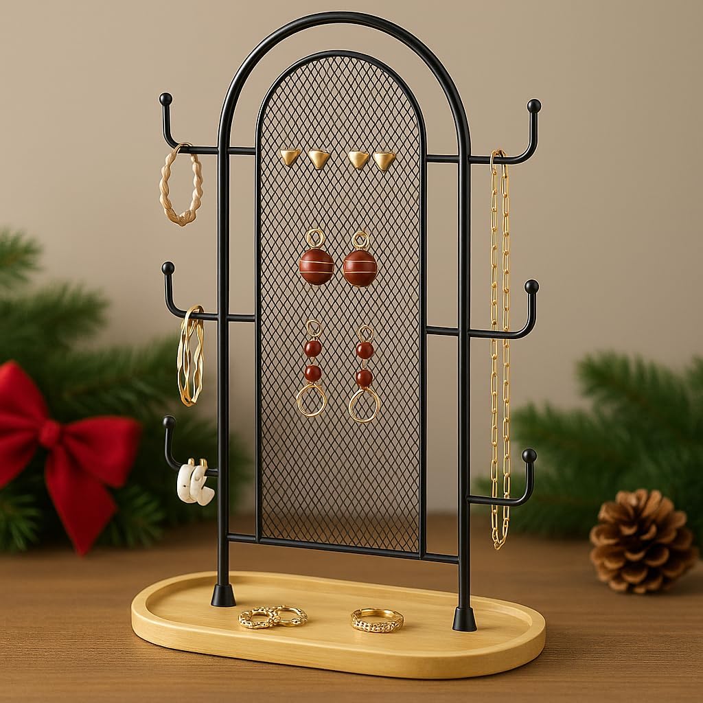 Jewelry Holder Organizer Earring Display - Stands Earring Storage Earring tree Hanger Jewelry Towers Rack with 6 Hooks 300 Stud Holes Wood Tray for Necklaces Bracelets Rings