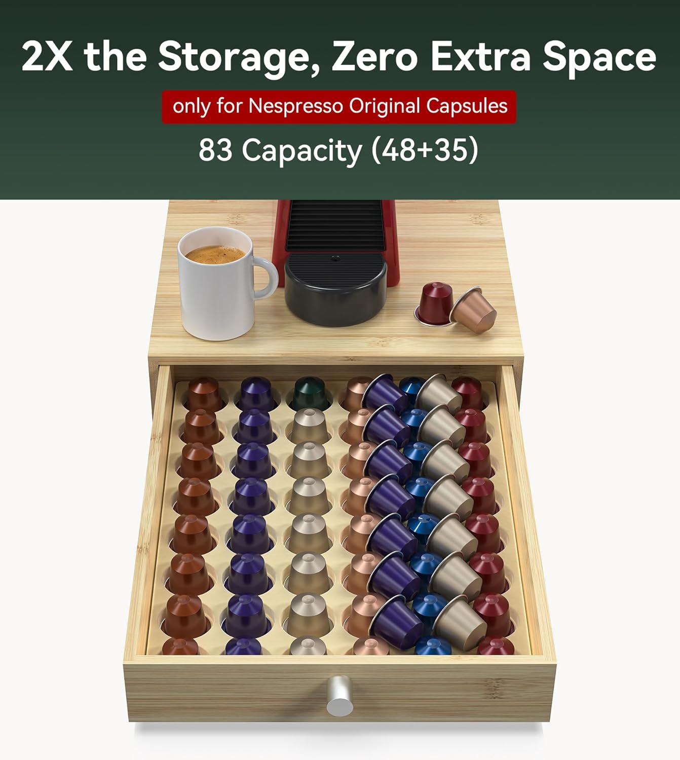 for Nespresso Original Capsules - Bamboo Coffee Pod Drawer Holder - 48 OriginalLine Pods Organizer (14.5"D x 11.7"W x 3.2”H)