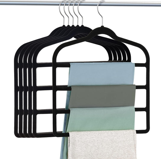 Velvet Hangers Space Saving Non Slip Pant Velvet Hangers, DUDUCOFU 6 Pack Black Multi Layer Clothes Hangers Closet Organizer for Pants Trousers Scarf