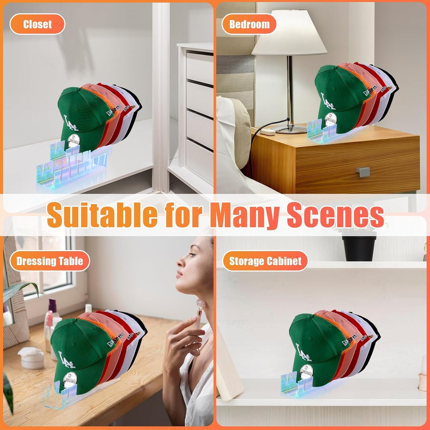 Hat Stand for Baseball Caps, 2 Pack No Install Acrylic Hat Organizer for 14 Baseball Caps Storage Organizer, Hat Racks Hat Holder Display and Organization for Closet, Bedroom, Dresser (Colorful-2Pack)