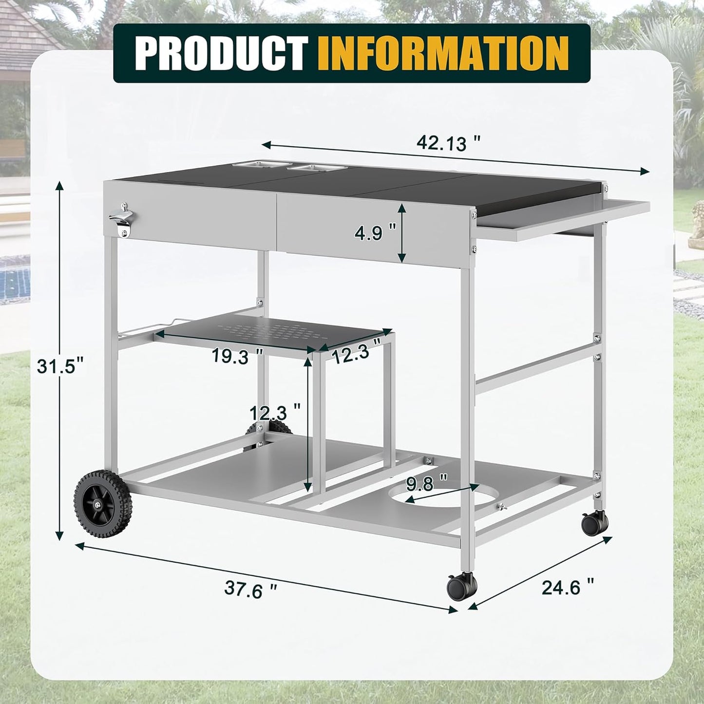 Shintenchi Pizza Oven Cart Table with Topping Station and Wheels, Outdoor Tabletop Grill Table Stand, Movable Food Prep Workcart Fits for Ninja and Blackstone Woodfire Grill