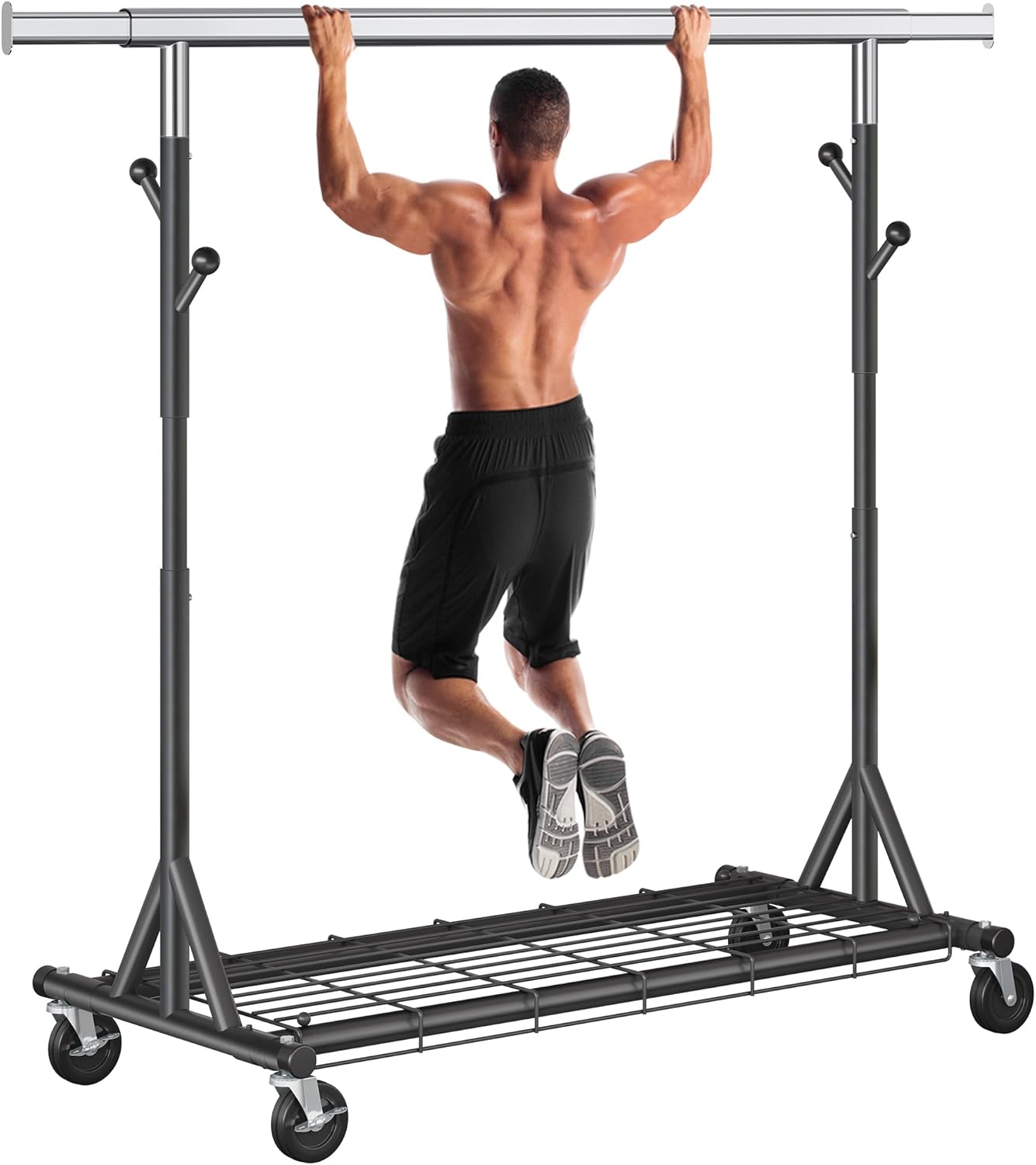 Garment Rack Load 530lbs,Heavy Duty Rolling Clothes Rack With Sturdy Wheel And Shelves, Adjustable Portable Hanging Rack For Clothes, Chrome Stainless Steel, Black