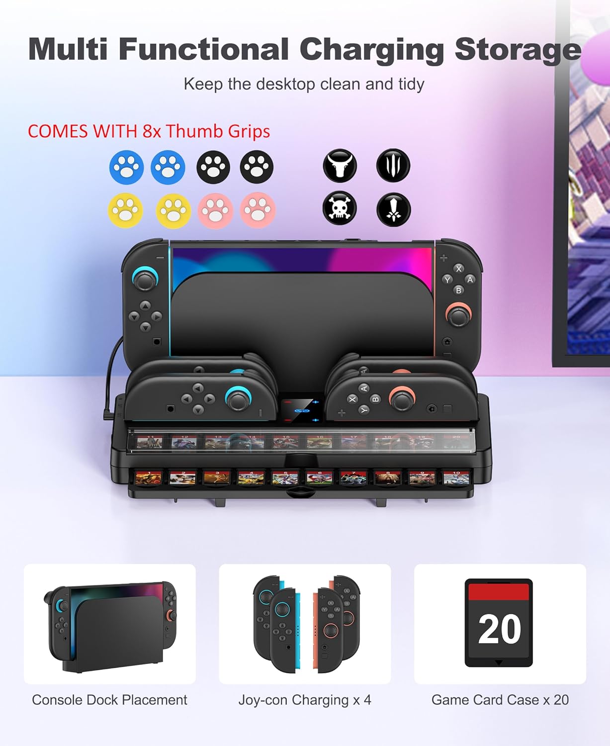 25 Slots Switch 2 Charging Organizer Joycon 2 Controller Storage Compatible with Nintendo 2 Accessories w Extended USB C Cable & LED Indicator (M-Charging Organizer w Joystick Covers)