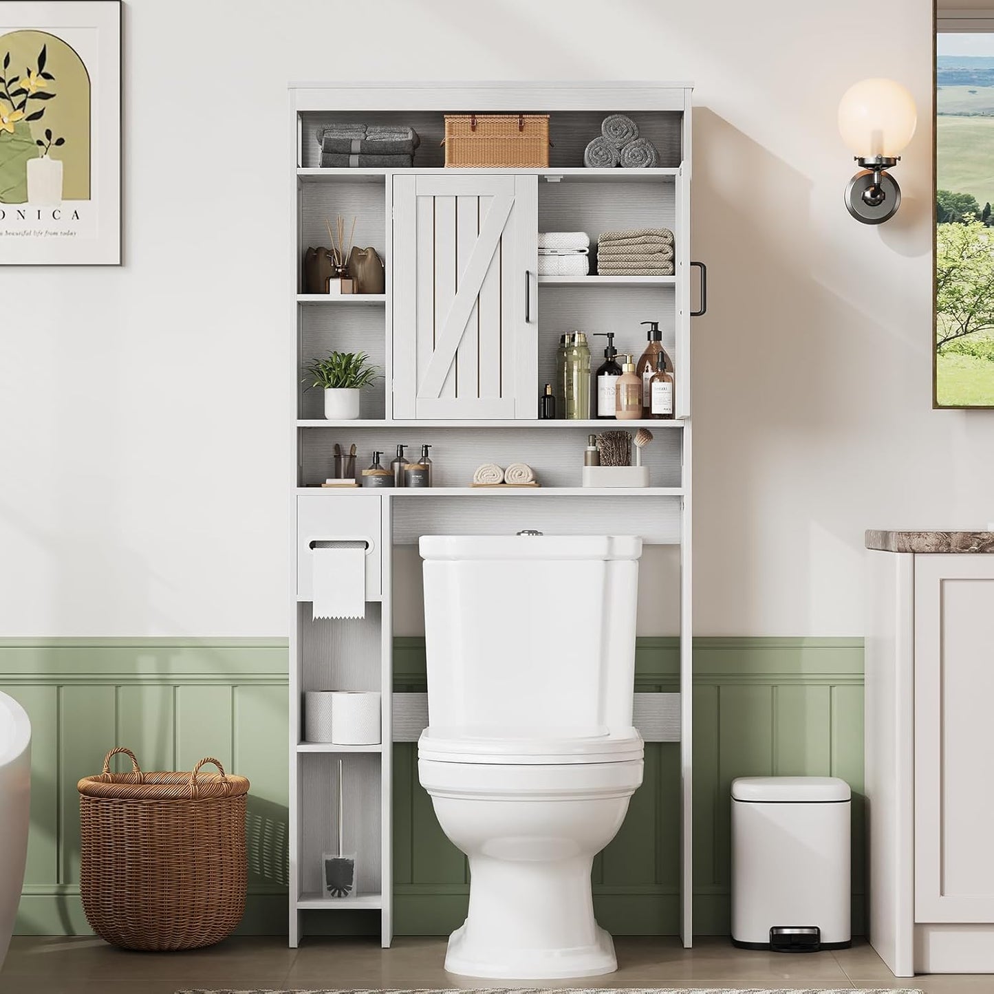 Over The Toilet Storage Cabinet with 6 Shelves, Farmhouse Bathroom Storage Cabinet with 2 Barn Door & Toilet Paper Holder Stand, Toilet Shelf with Adjustable Shelf for Bathroom Laundry