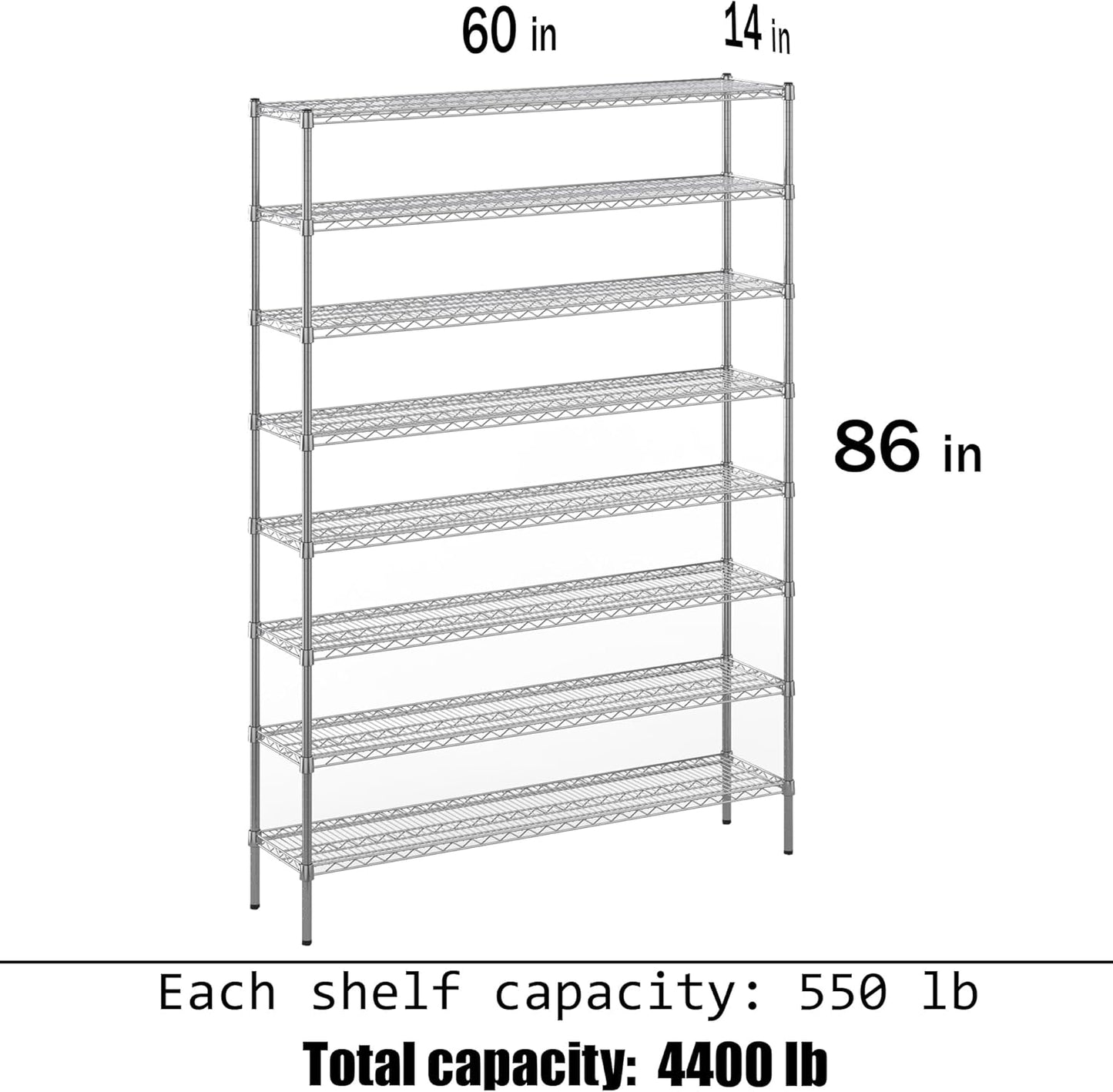 14" Deep x 60" Wide x 86" Height Wire Shelving Kit | 8-Tier | NSF Commercial Storage Rack Unit