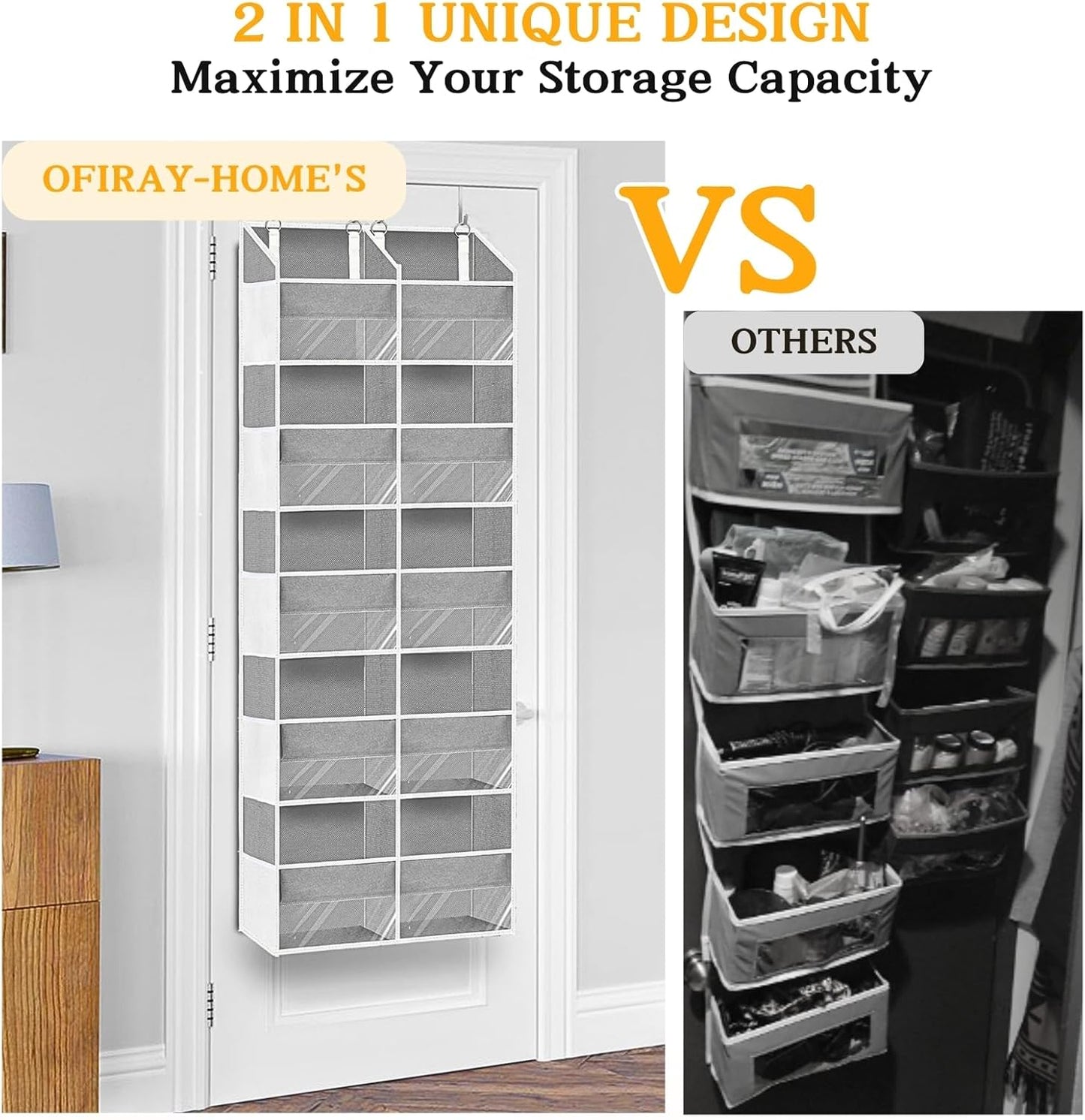 2 Pack Over The Door Organizer 5 Tiers, Extra Large Behind Door Storage of 10 Compartments, 80 lbs Weight Capacity Over Door Organizer, Door Hanging Organizer for Closet, Diaper Organizer, Light Gray