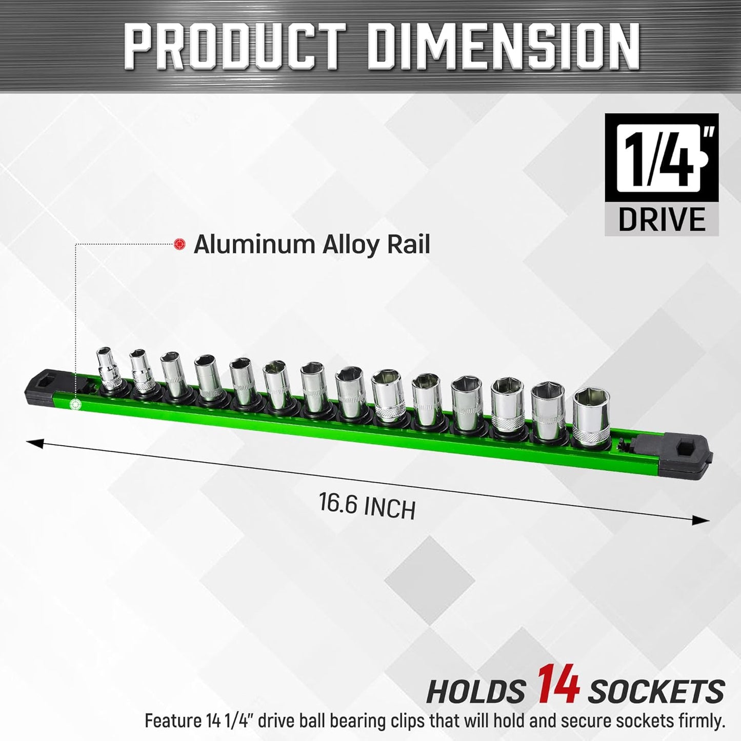 ALOANES 1/4-Inch Drive Magnetic Socket Organizer, Heavy Duty Aluminum Socket Rail Organizer, 360° Swivel Clips Socket Holder Kit for Tool Box, 1/4-Inch Socket Holder x 14 Clips (Green)