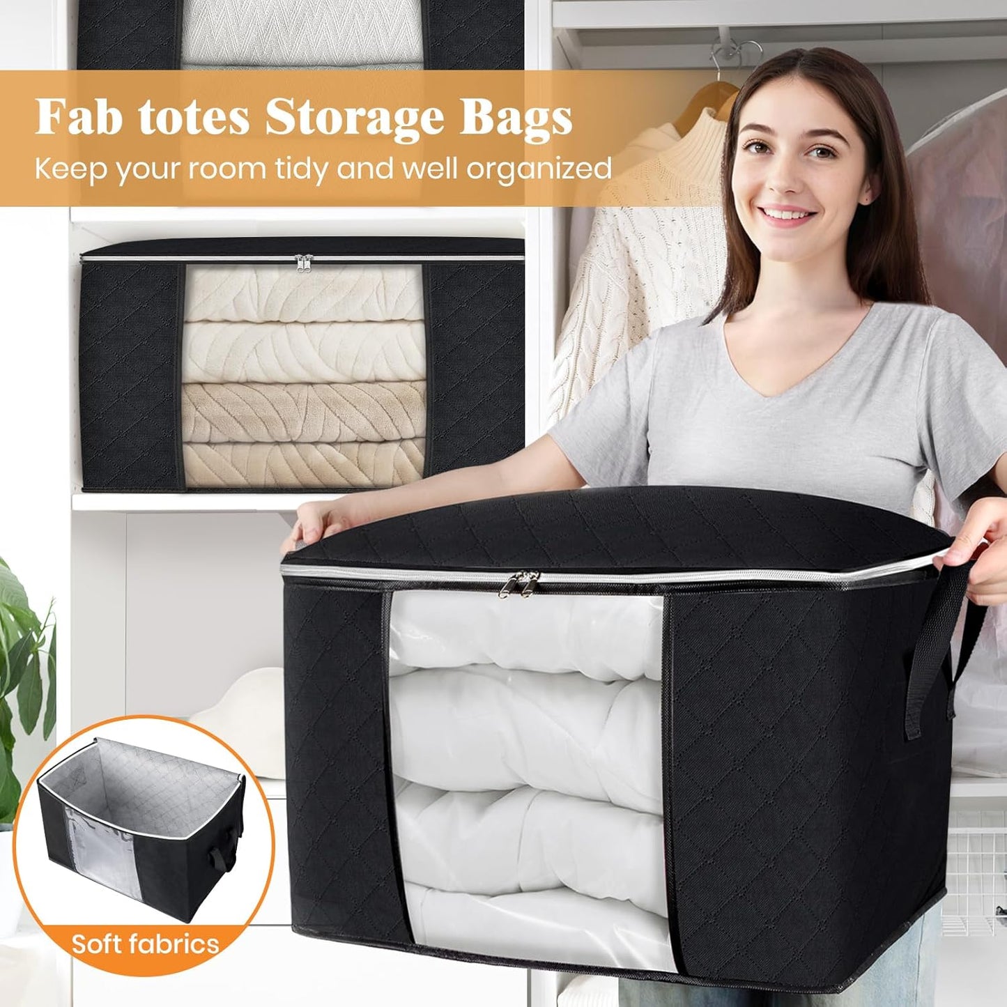 Fab totes 24 Gallons Clothes Storage, Foldable Thick Fabric Blanket Storage Bags, Containers for Organizing Bedroom, Closet, Clothing, Comforter, Organization with Handle (6 Pack,Black)