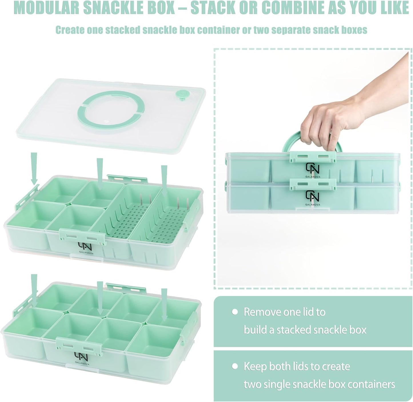 Stackable Snackle Box Container with 2 Lids, 14 Compartments - BPA-Free Snackle box Organizer, Dishwasher & Microwave Safe Reusable Snacklebox for Veggies, Fruits, Charcuterie, Snacks (Green, 2 Pack)