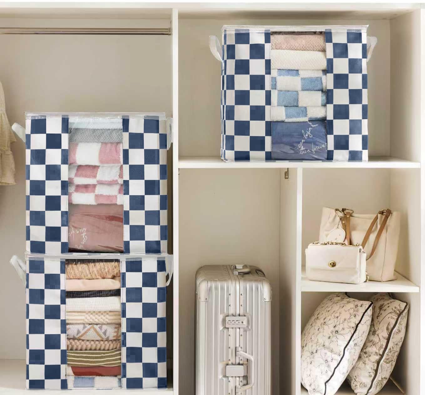 Navy Blue Checkered Clothes Storage Bins, 100L Large Blanket Storage Bags 3 Pack, Closet Organizers and Storage Containers for Comforters, Bedding, Foldable Organizer with Handle