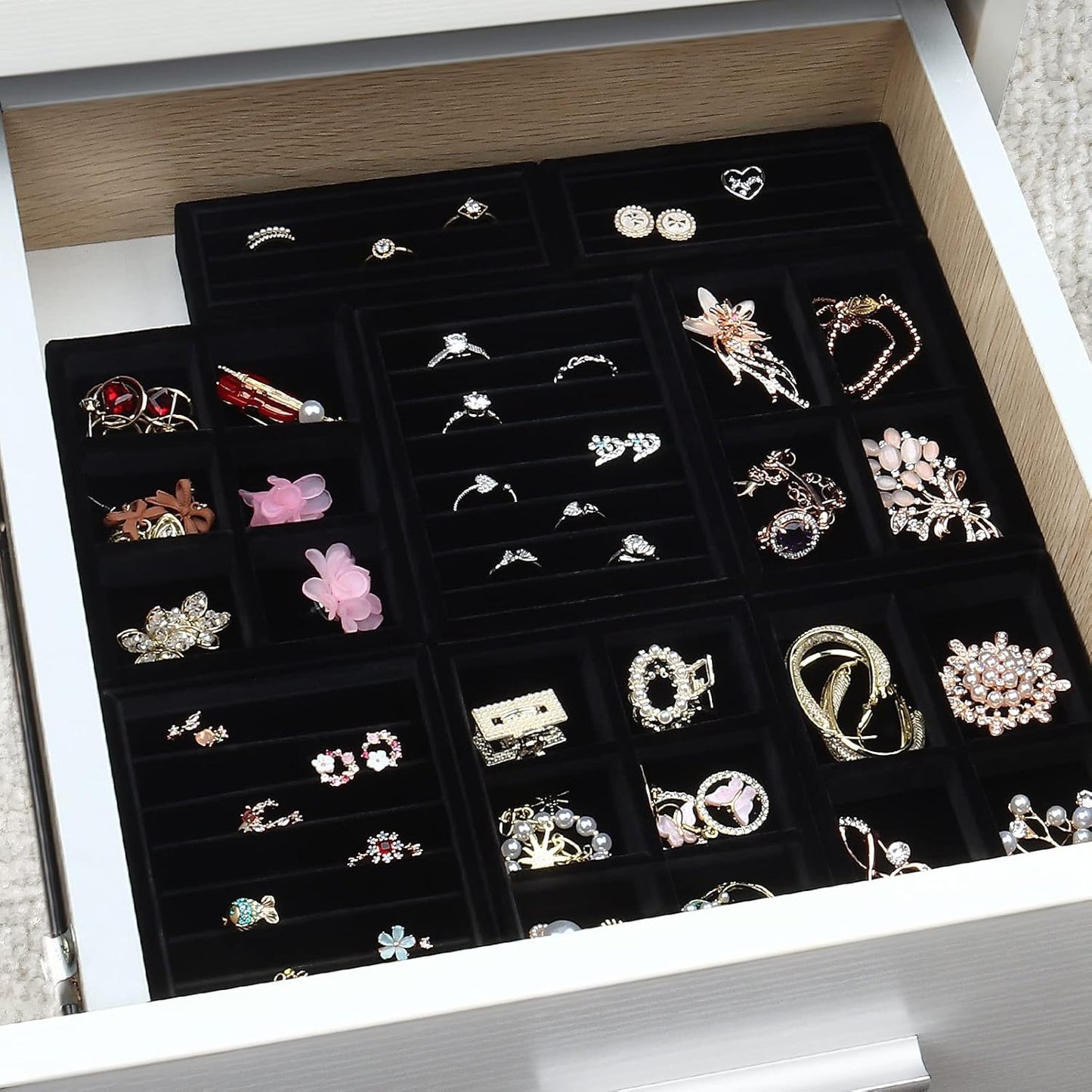 DesignSter Small Jewelry Tray-Ring Organizer 2PCS Premium Velvet Rings Earrings Display Tray Storage Insert Holder for Jewelry Box, Drawer, Dresser (4 Grids, Black)