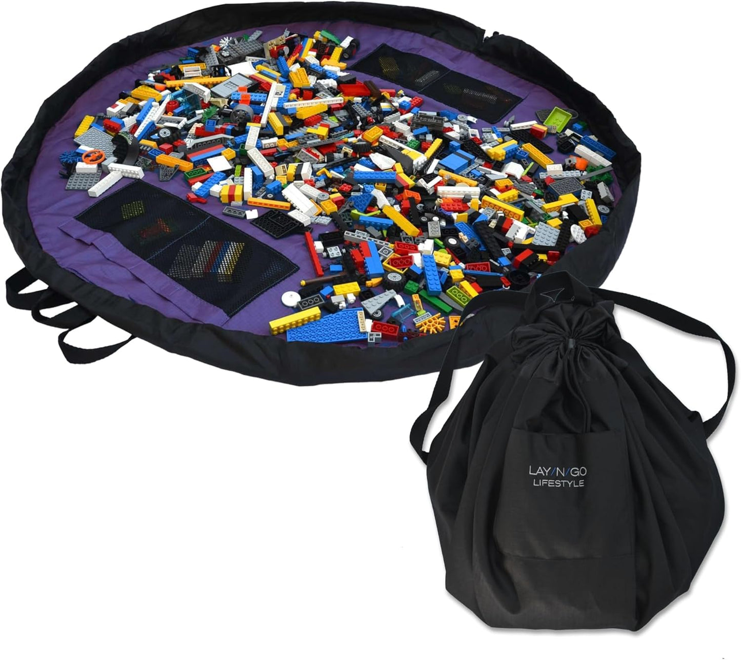 Lay-n-Go 2-in-1 Small Portable Drawstring Toys Storage Organizer and Play Mat for Room and Travel, Made for Kids and Toddlers with a Durable Patented Design