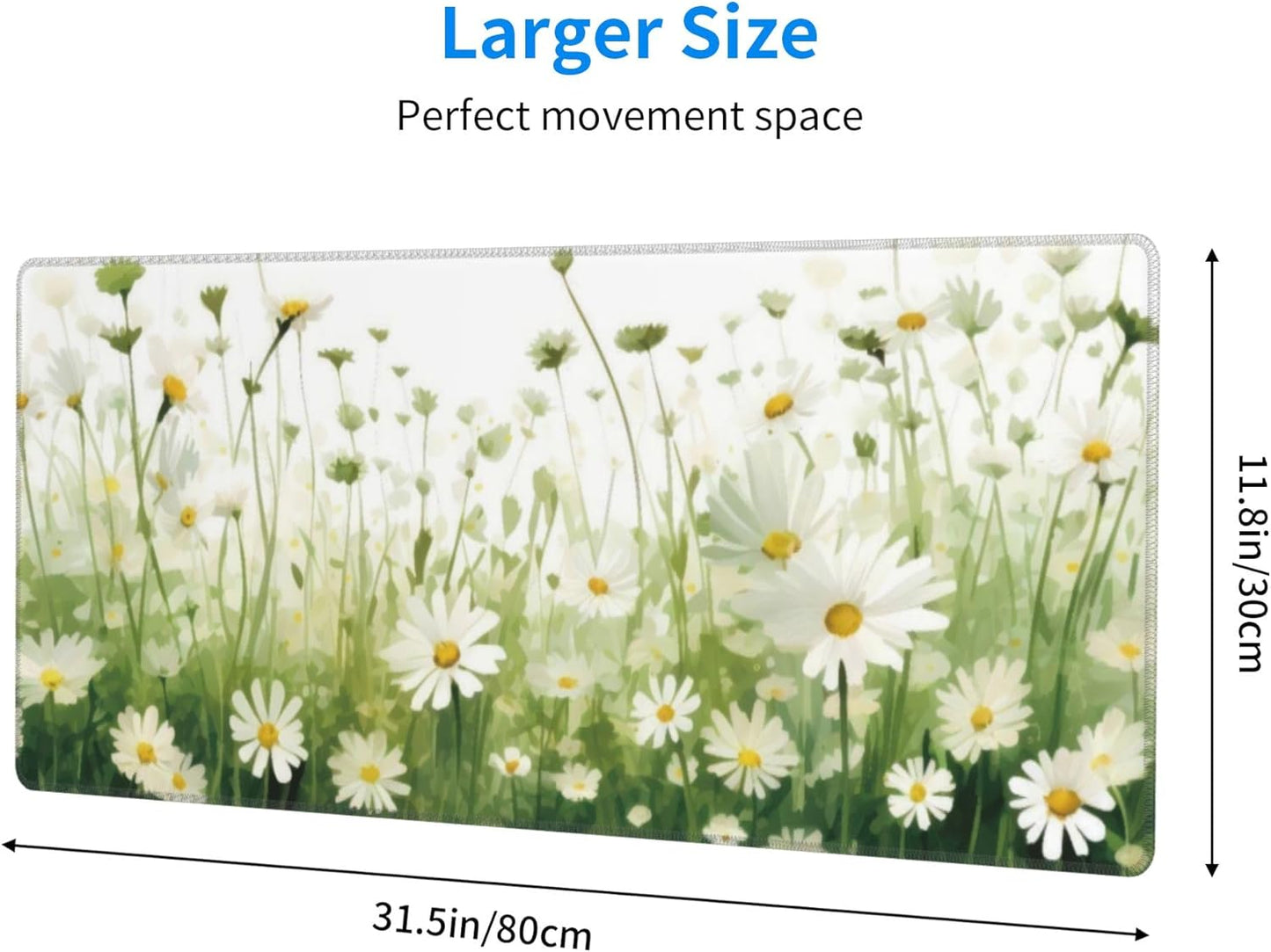 Daisy Flowers Large Mouse Pad, Floral Gaming Desk Mat, XL Keyboard Desk Pad Mat for Desktop, 31.5"x11.8" Non-Slip Base Big Mousepad with Stitched Edges