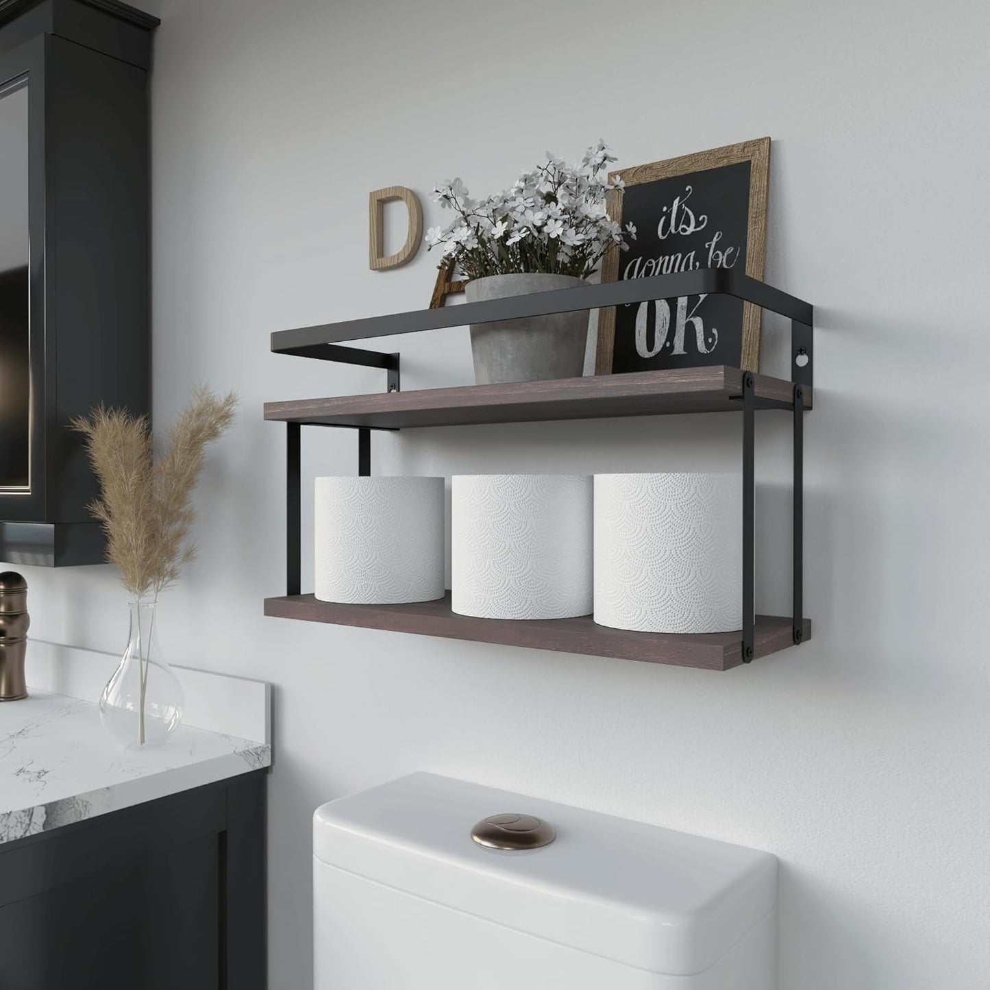 RICHER HOUSE Dual-Level Guardrail Bathroom Shelves, Wood Floating Shelf Wall Mounted, Over Toilet Paper Storage Shelf for Bathroom Wall Decor, Bathroom Organizers and Kitchen Storage - Rustic Brown