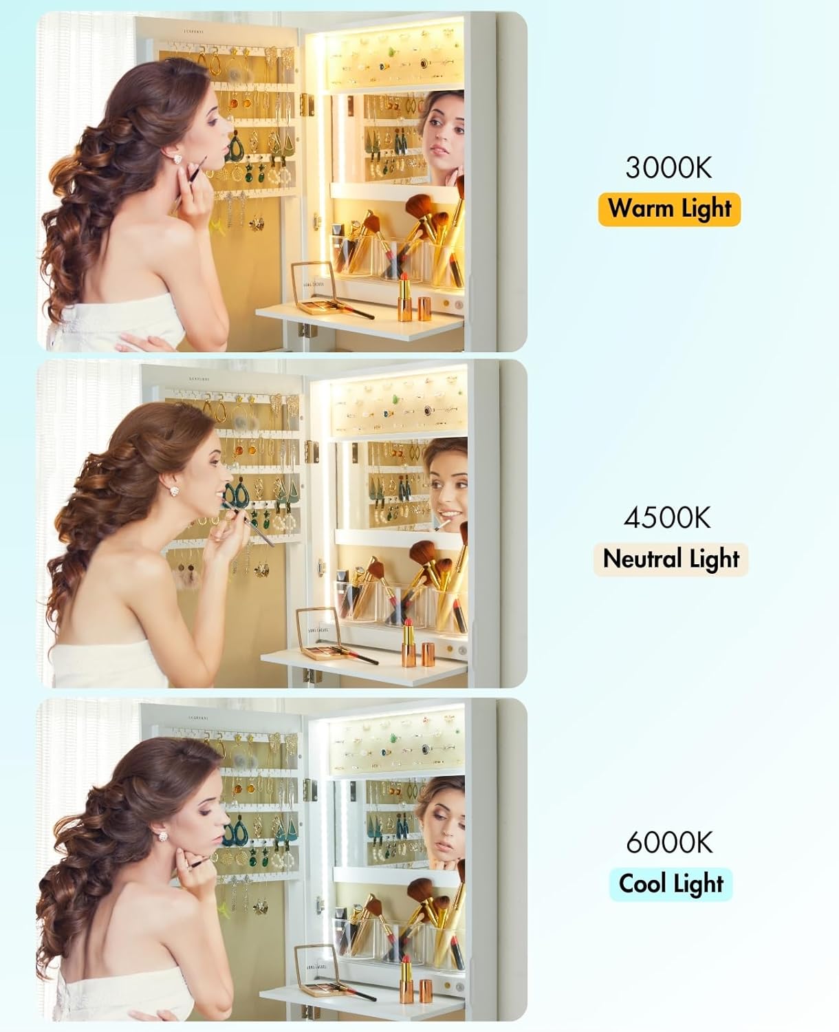 LUXFURNI Mirror Jewelry Cabinet Wall Mounted with lights, 42" Tall Over The Door Hanging Jewelry Armoire, 3 Color Modes Jewelry Mirror Storage, Vanity Table with Interior Mirror, White