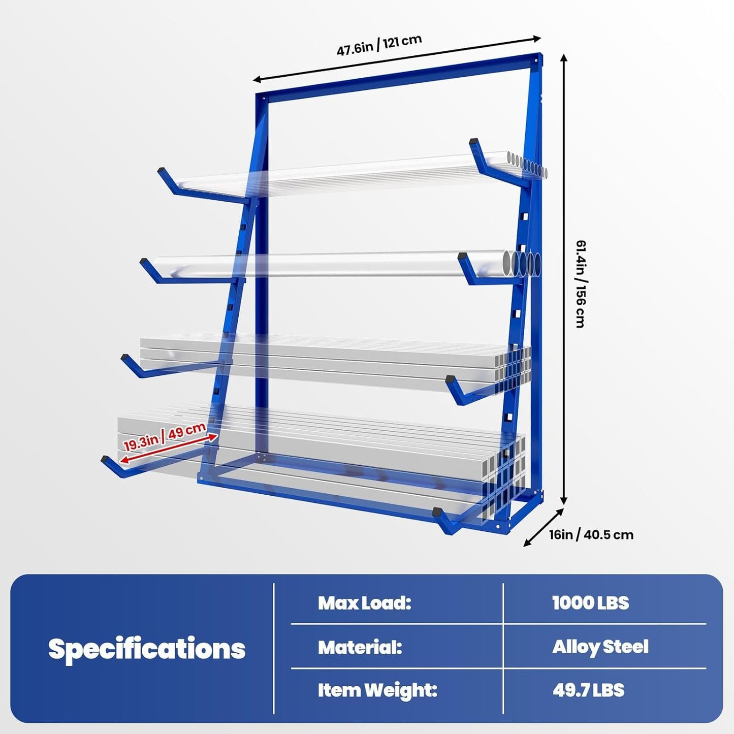 4 Tier Cantilever Rack, 1000LB Heavy Duty Lumber Storage Rack with Adjustable Anti-Slip Shelves, Easy DIY Assembly Space-Saving Pipe Rack for Small Warehouse, Garage, Shed