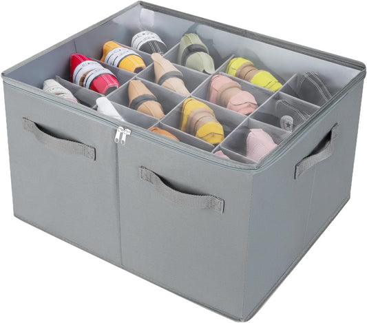 Shoe Organizer for Closet, Foldable Shoe Box with Adjustable Dividers and Clear Cover, Space Saving Shoe Storage Organizer Cabinet with Reinforced Handles, Fits 16 Pairs, Gray, TP09G
