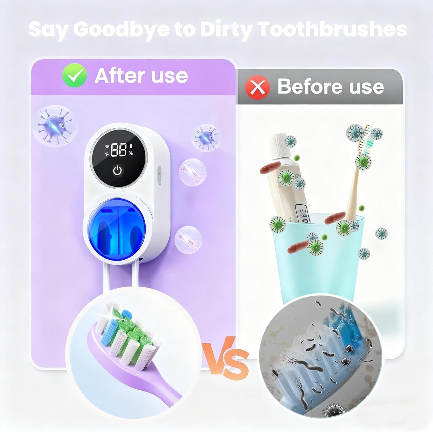 KLUEHOME UV Toothbrush Sanitizer & Holder for Bathroom, LED Smart Screen, Light Cleaning and Air Drying, Mirror Wall Mounted,Fits Most Electric, Manual and Kids’ Toothbrushes