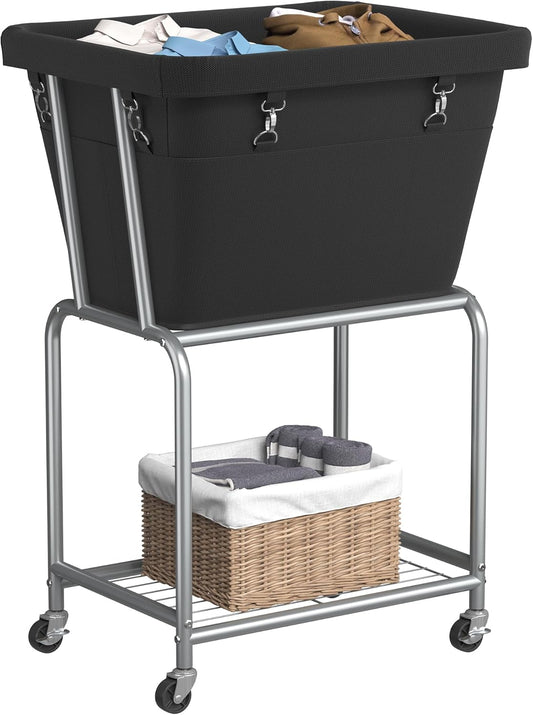 ELYKEN Laundry Cart with Wheels, Rolling Laundry Hamper with Removable Bag and Shelf, Metal Frame Laundry Basket with 4 Casters and 2 Brakes, Ideal for Bedroom, Bathroom, Laundry Room, Black