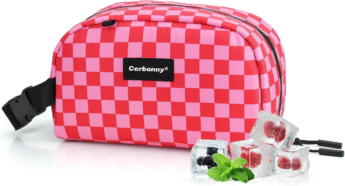 Cerbonny Small Cooler Bag Freezable Lunch Bag for Work School Travel, Leak-proof, Insulated, Waterproof, Portable, Pink Checkerboard, 2.5L