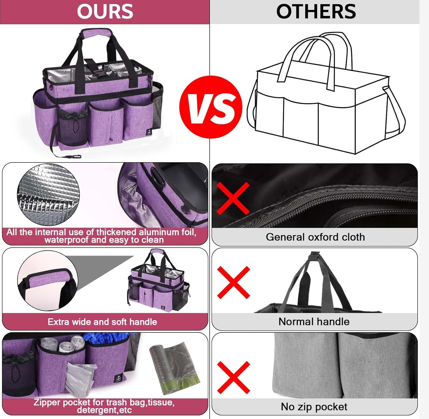 Large Cleaning Caddy Bag Built-in Sturdy Support Board, Cleaning Organizer with Detachable Divider, Cleaning Supply Tote with Adjustable Shoulder Strap&Waist Belt for Cleaners & Housekeeper