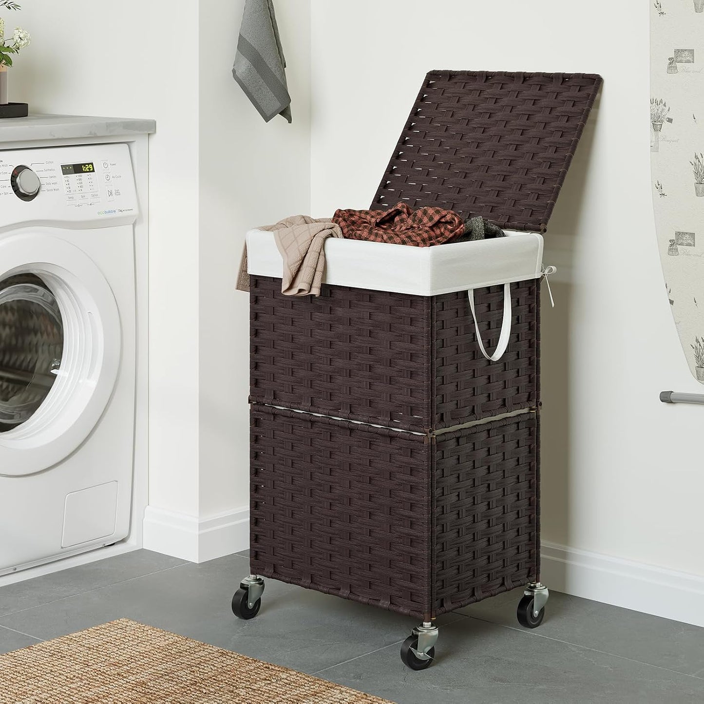Chrislley 90L Slim Laundry Hamper with Wheels, Rolling Laundry Basket with Lid and Renovable Liner Bag, Handwoven Rattan Organizer for bedroom, bathroom, laundry room (Brown)